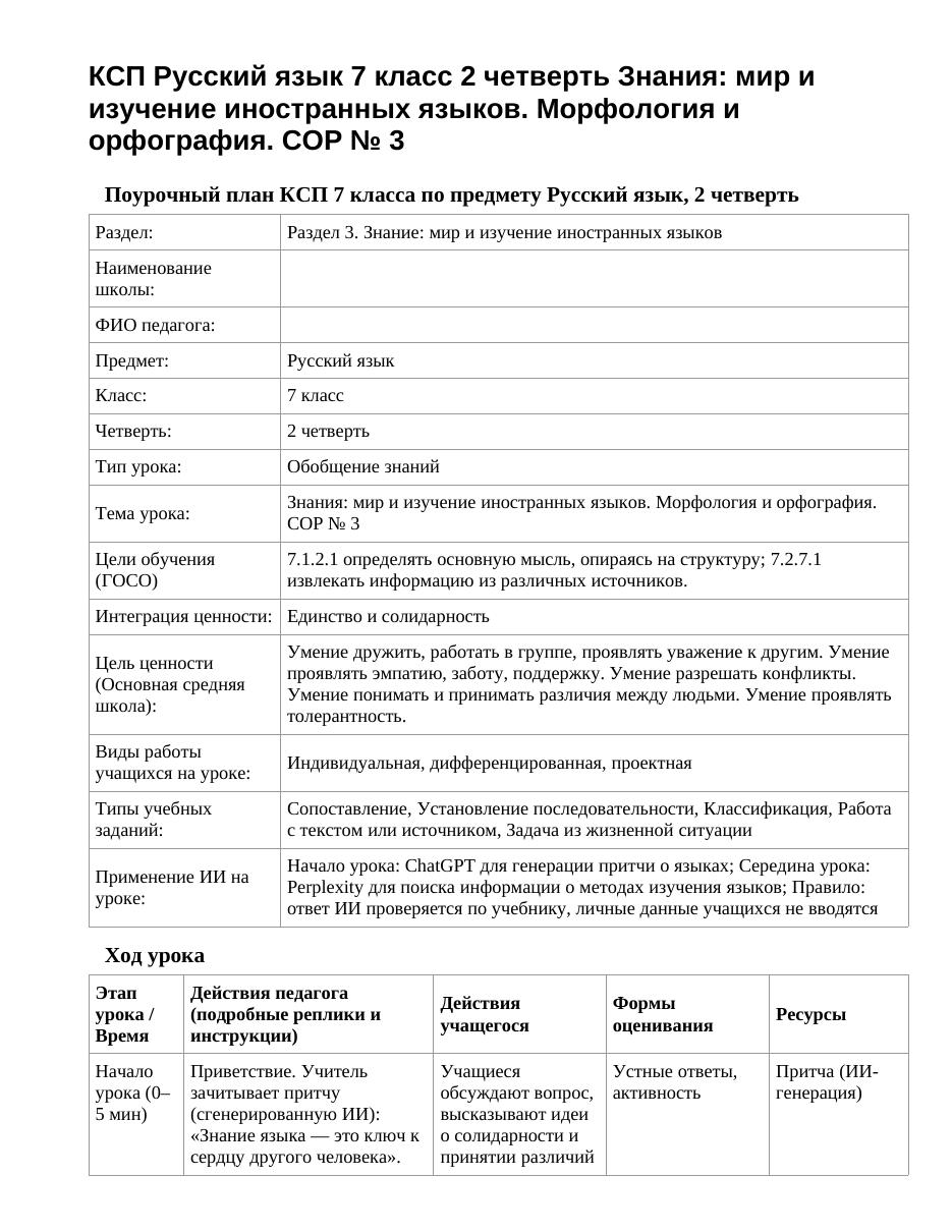 КСП Русский язык 7 класс 2 четверть Знания: мир и изучение иностранных языков. Морфология и орфография. СОР № 3