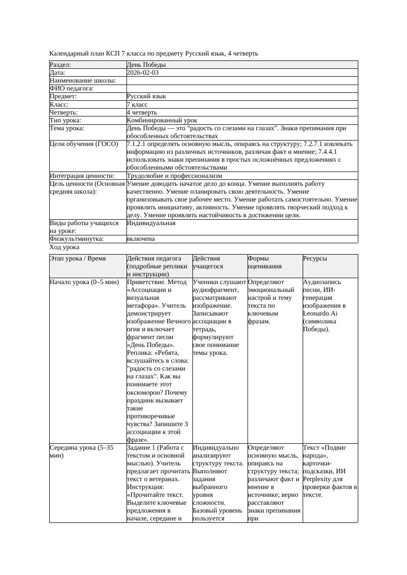 КСП Русский язык 7класс 4четверть День Победы это радость со слезами