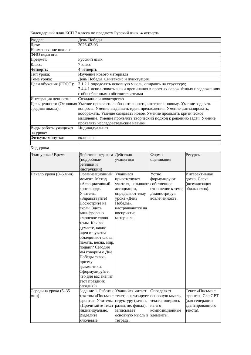 КСП Русский язык 7класс 4четверть День Победы Синтаксис и пунктуация