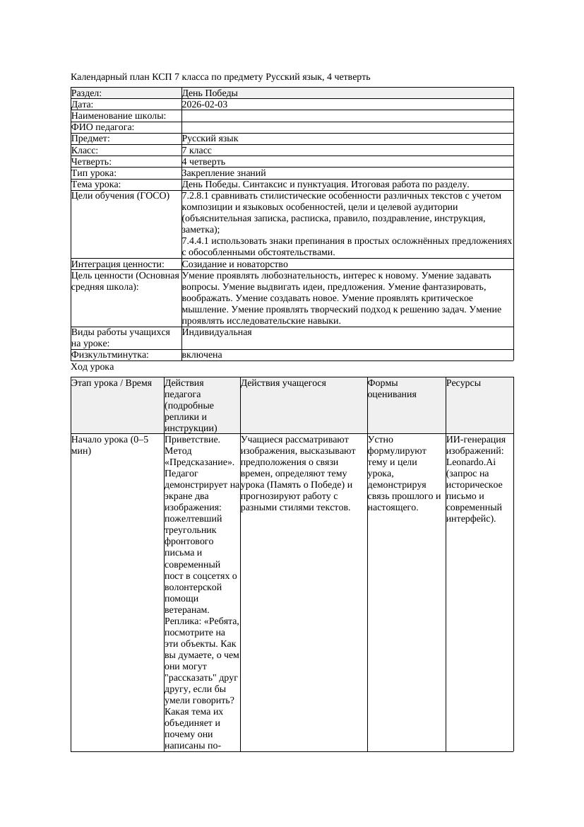 КСП Русский язык 7класс 4четверть День Победы Синтаксис и пунктуация