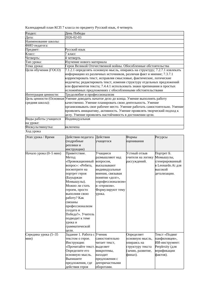 КСП Русский язык 7класс 4четверть Герои Великой Отечественной войны