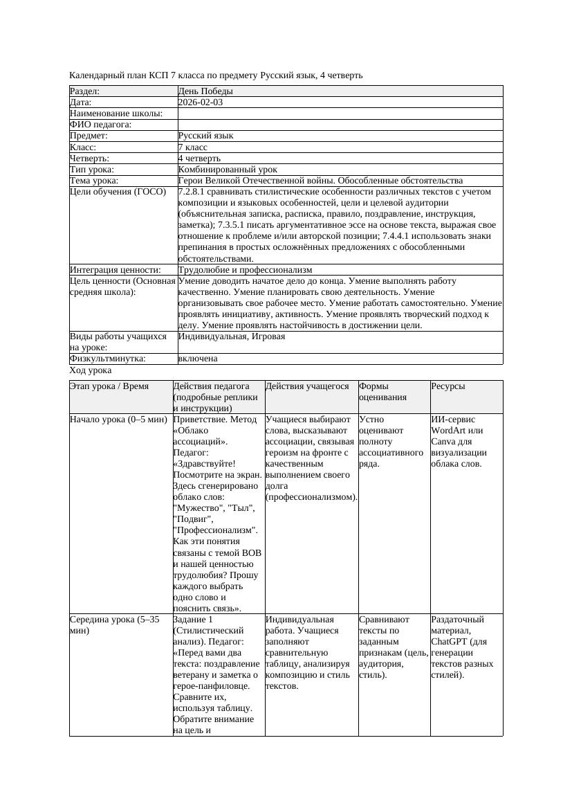 КСП Русский язык 7класс 4четверть Герои Великой Отечественной войны