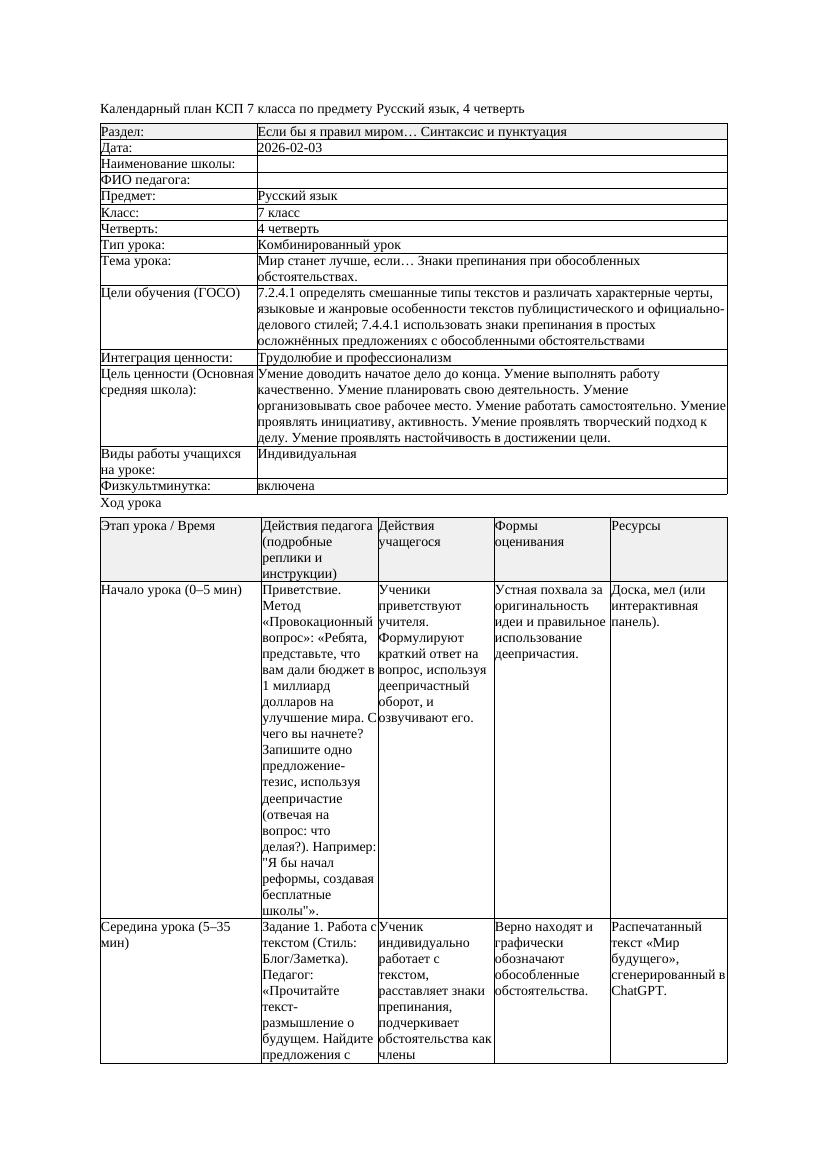 КСП Русский язык 7класс 4четверть Мир станет лучше если Знаки препинания