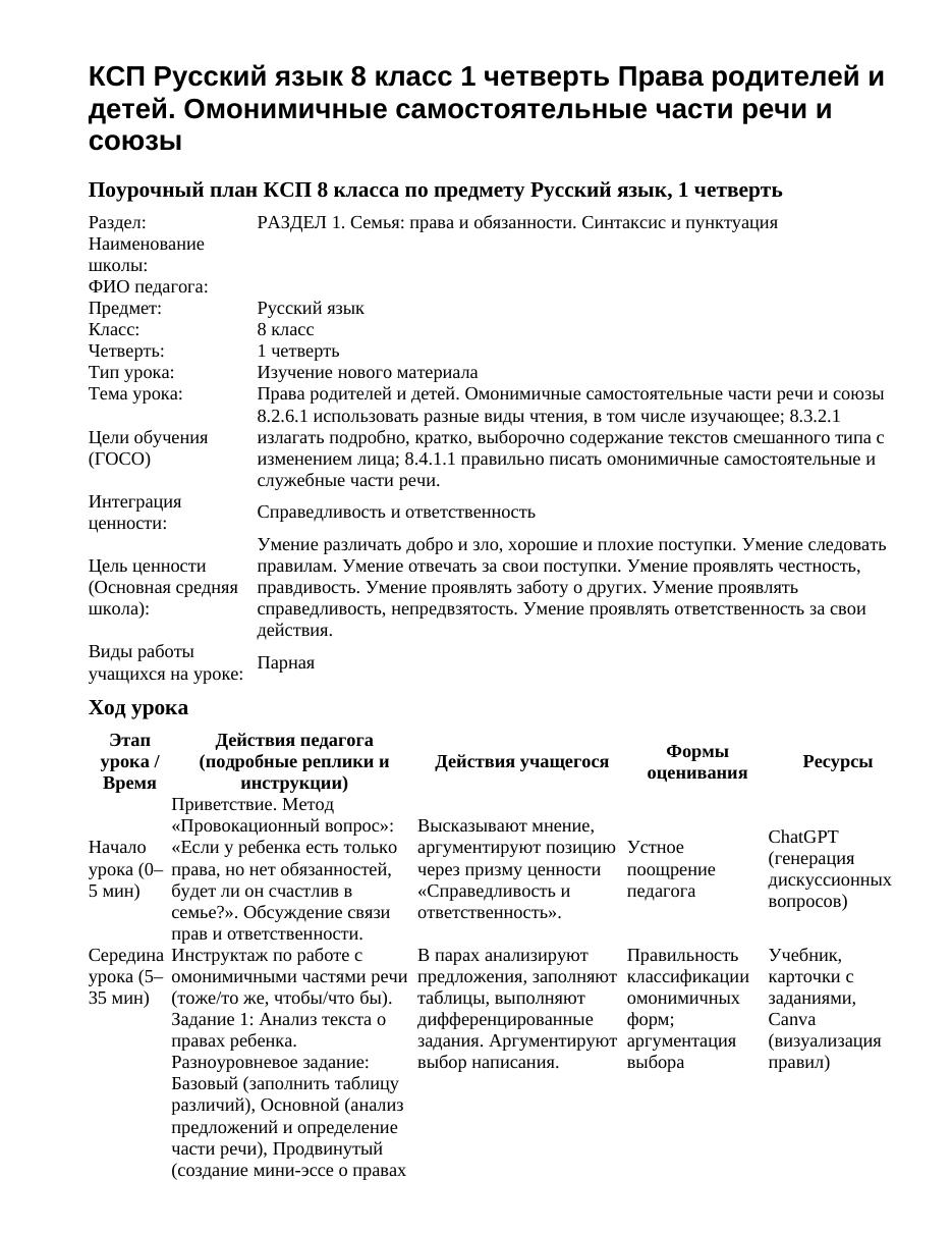 КСП Русский язык 8 класс 1 четверть Права родителей и детей. Омонимичные самостоятельные части речи и союзы