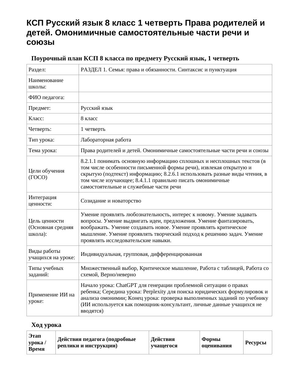 КСП Русский язык 8 класс 1 четверть Права родителей и детей. Омонимичные самостоятельные части речи и союзы