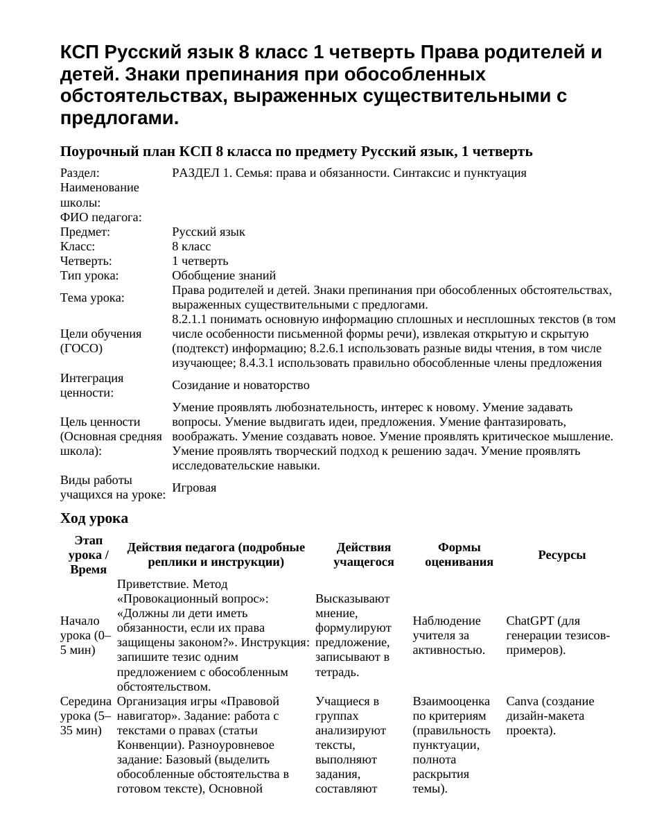 КСП Русский язык 8 класс 1 четверть Права родителей и детей. Знаки препинания при обособленных обстоятельствах, выраженных существительными с предлогами.