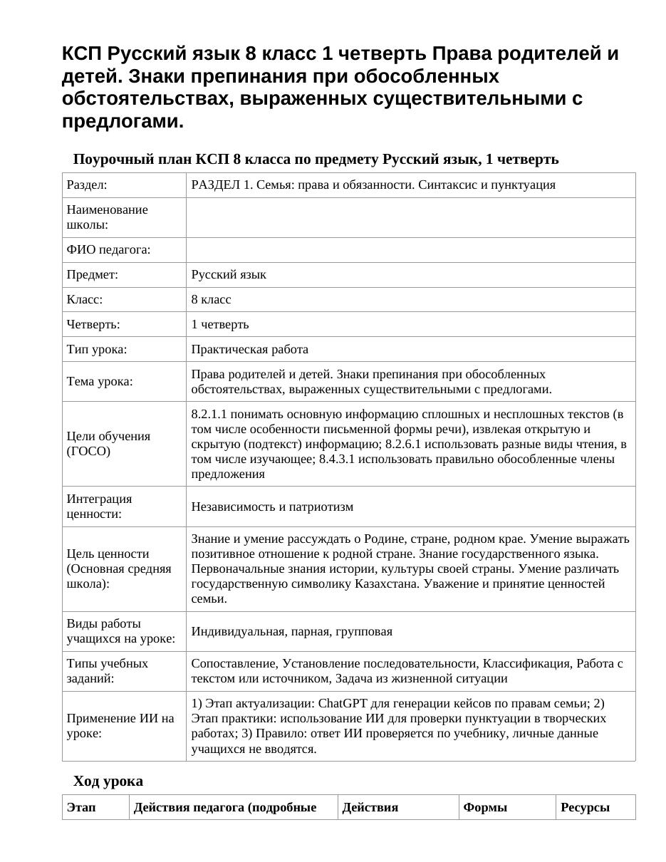 КСП Русский язык 8 класс 1 четверть Права родителей и детей. Знаки препинания при обособленных обстоятельствах, выраженных существительными с предлогами.