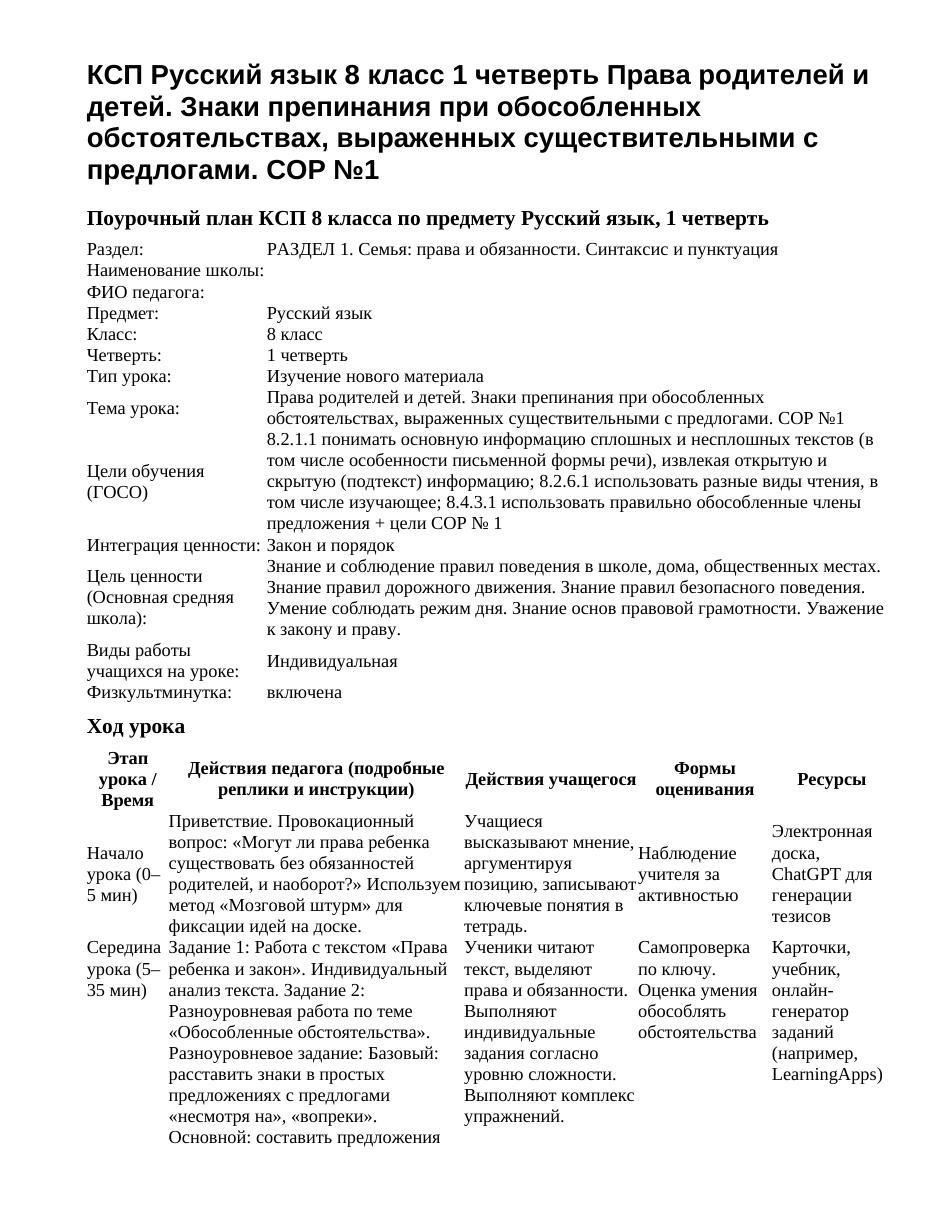 КСП Русский язык 8 класс 1 четверть Права родителей и детей. Знаки препинания при обособленных обстоятельствах, выраженных существительными с предлогами. СОР №1