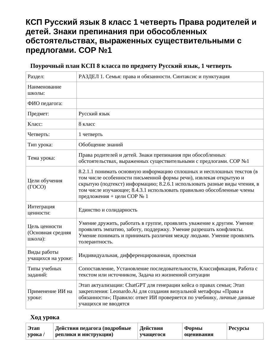 КСП Русский язык 8 класс 1 четверть Права родителей и детей. Знаки препинания при обособленных обстоятельствах, выраженных существительными с предлогами. СОР №1