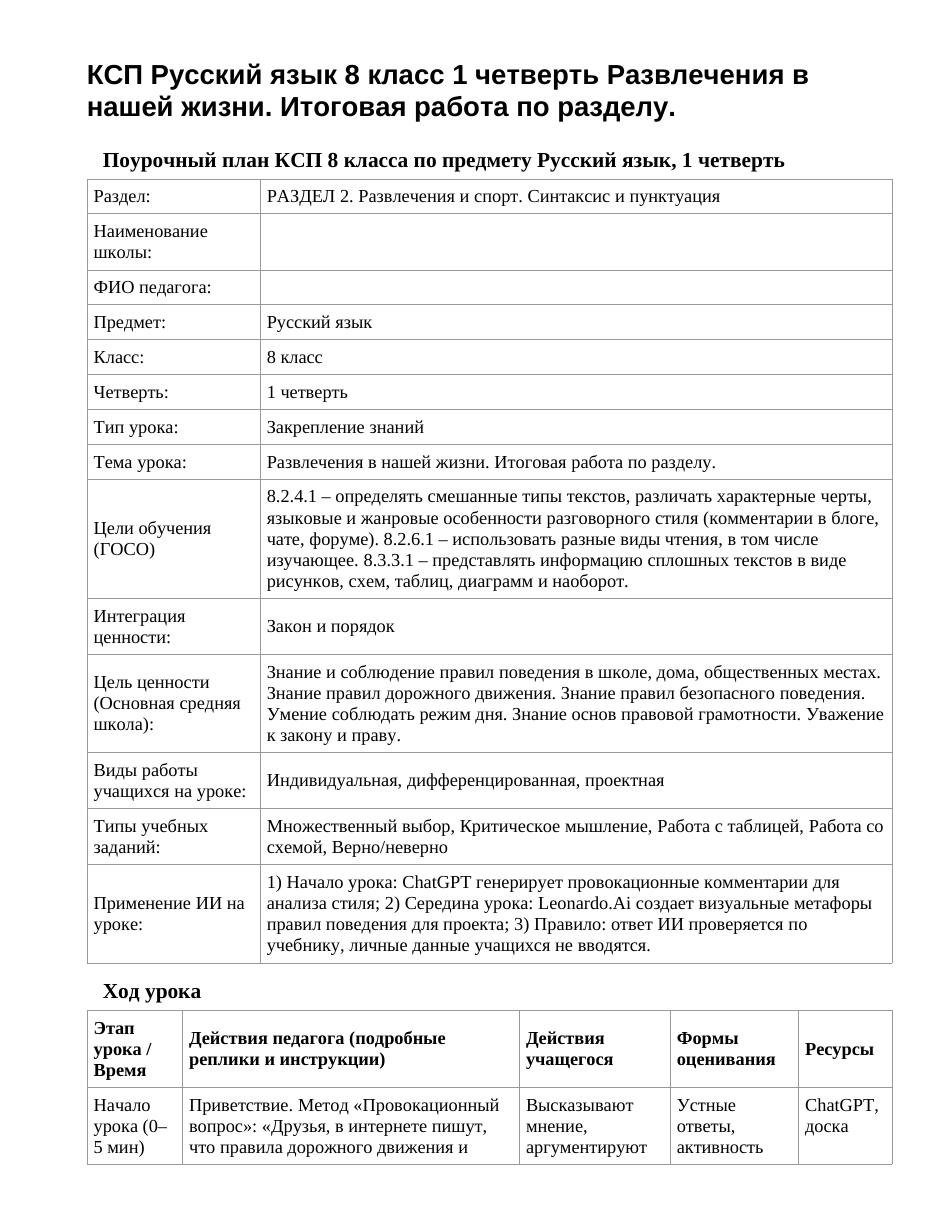КСП Русский язык 8 класс 1 четверть Развлечения в нашей жизни. Итоговая работа по разделу.