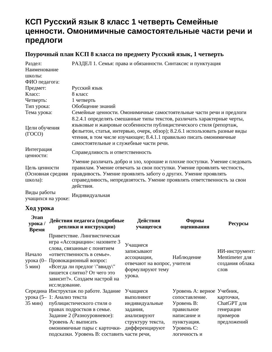КСП Русский язык 8 класс 1 четверть Семейные ценности. Омонимичные самостоятельные части речи и предлоги