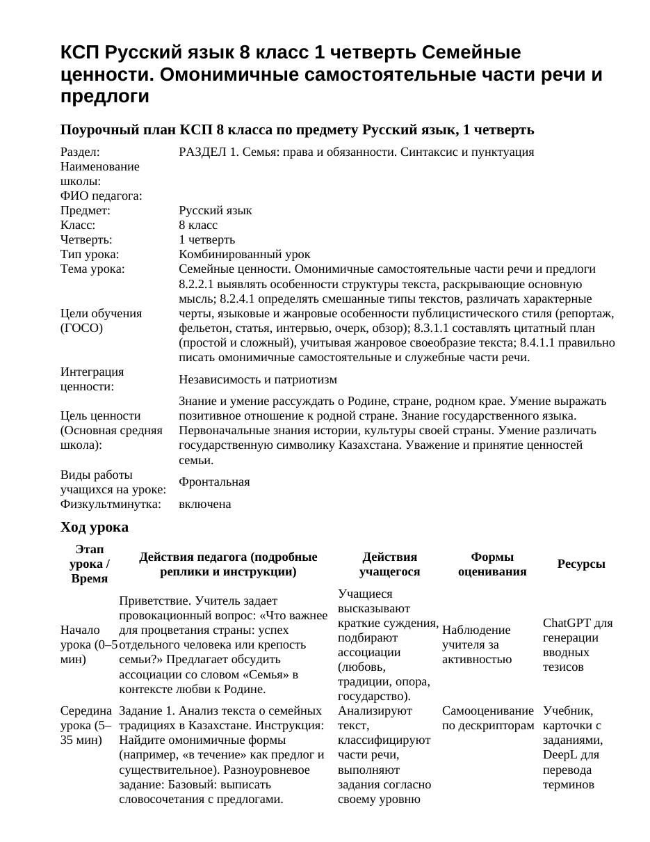 КСП Русский язык 8 класс 1 четверть Семейные ценности. Омонимичные самостоятельные части речи и предлоги