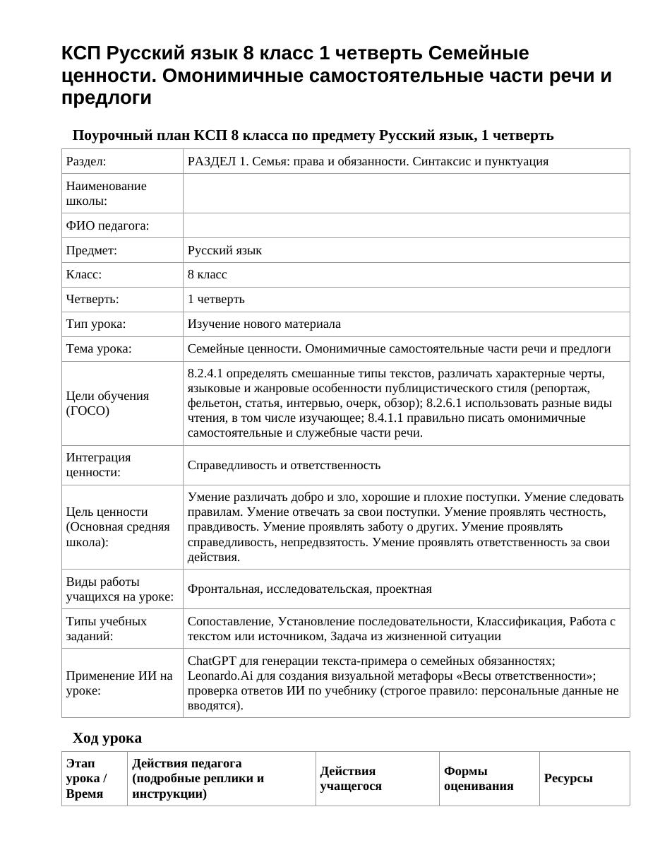 КСП Русский язык 8 класс 1 четверть Семейные ценности. Омонимичные самостоятельные части речи и предлоги
