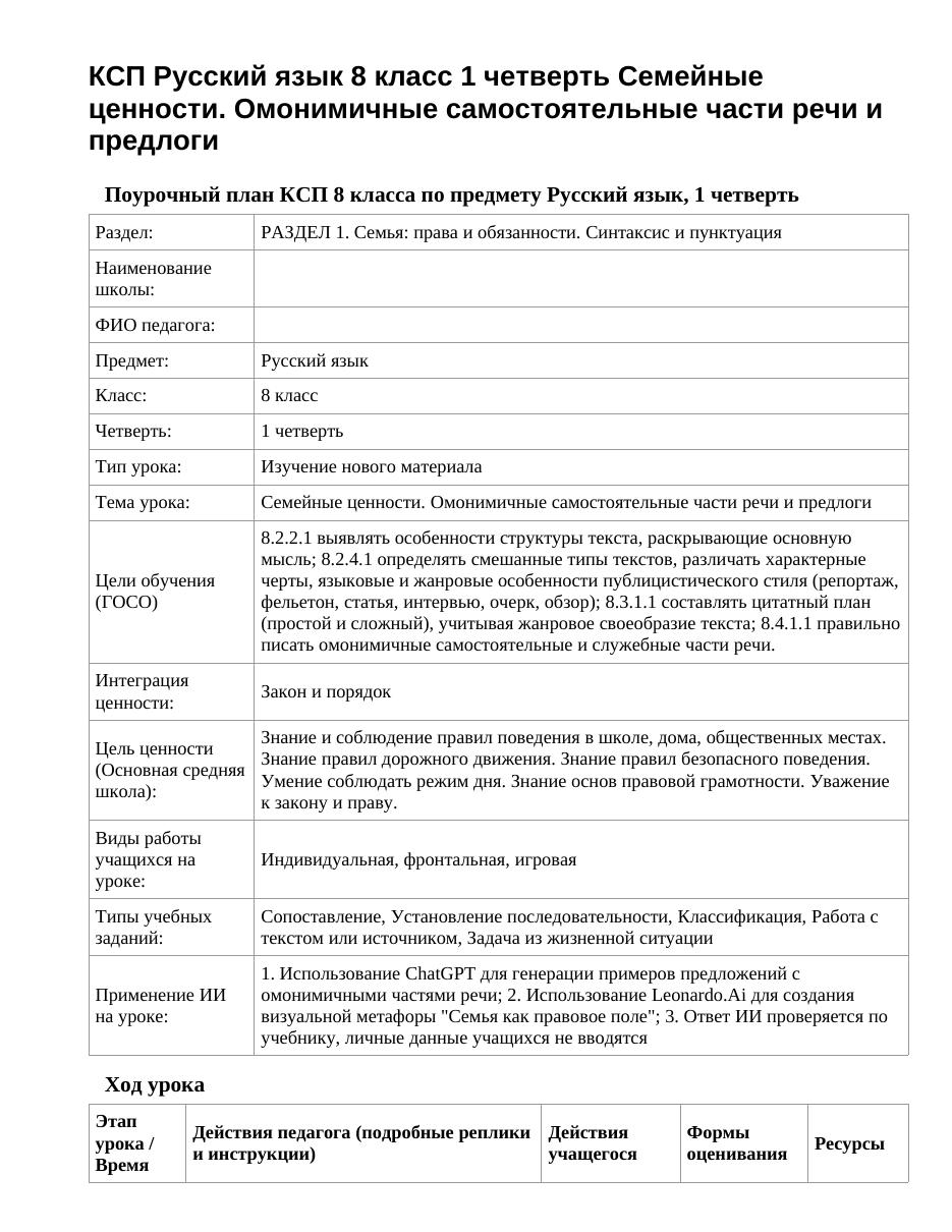 КСП Русский язык 8 класс 1 четверть Семейные ценности. Омонимичные самостоятельные части речи и предлоги