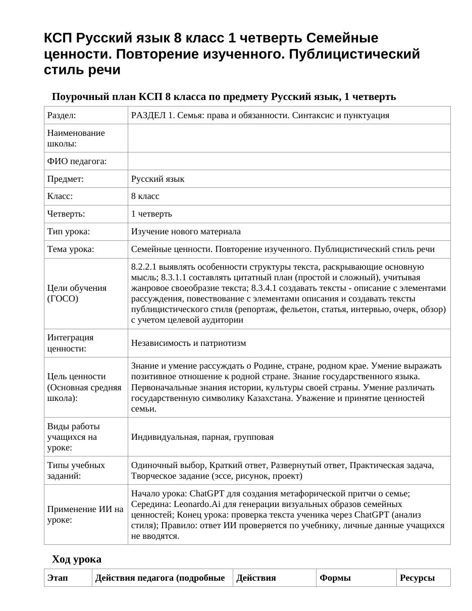 КСП Русский язык 8 класс 1 четверть Семейные ценности. Повторение изученного. Публицистический стиль речи