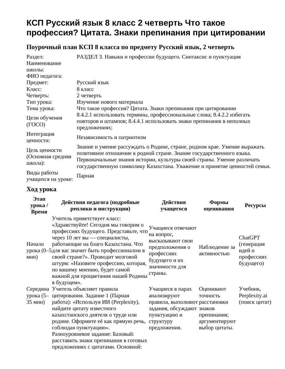 КСП Русский язык 8 класс 2 четверть Что такое профессия? Цитата. Знаки препинания при цитировании
