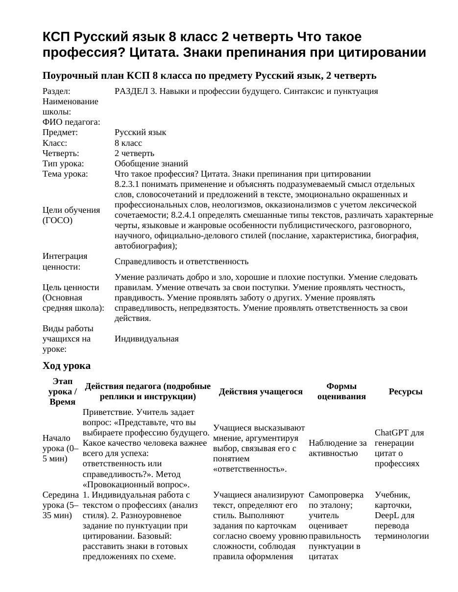 КСП Русский язык 8 класс 2 четверть Что такое профессия? Цитата. Знаки препинания при цитировании