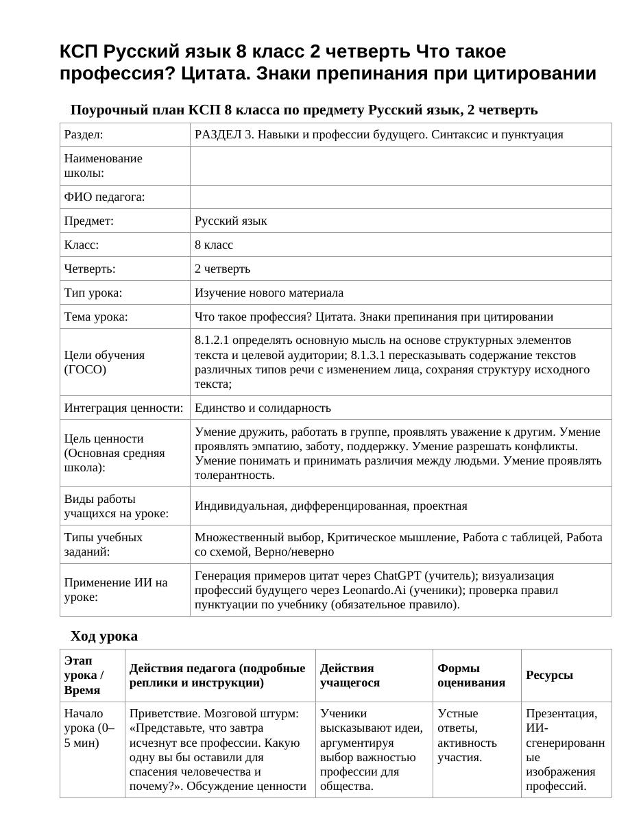 КСП Русский язык 8 класс 2 четверть Что такое профессия? Цитата. Знаки препинания при цитировании
