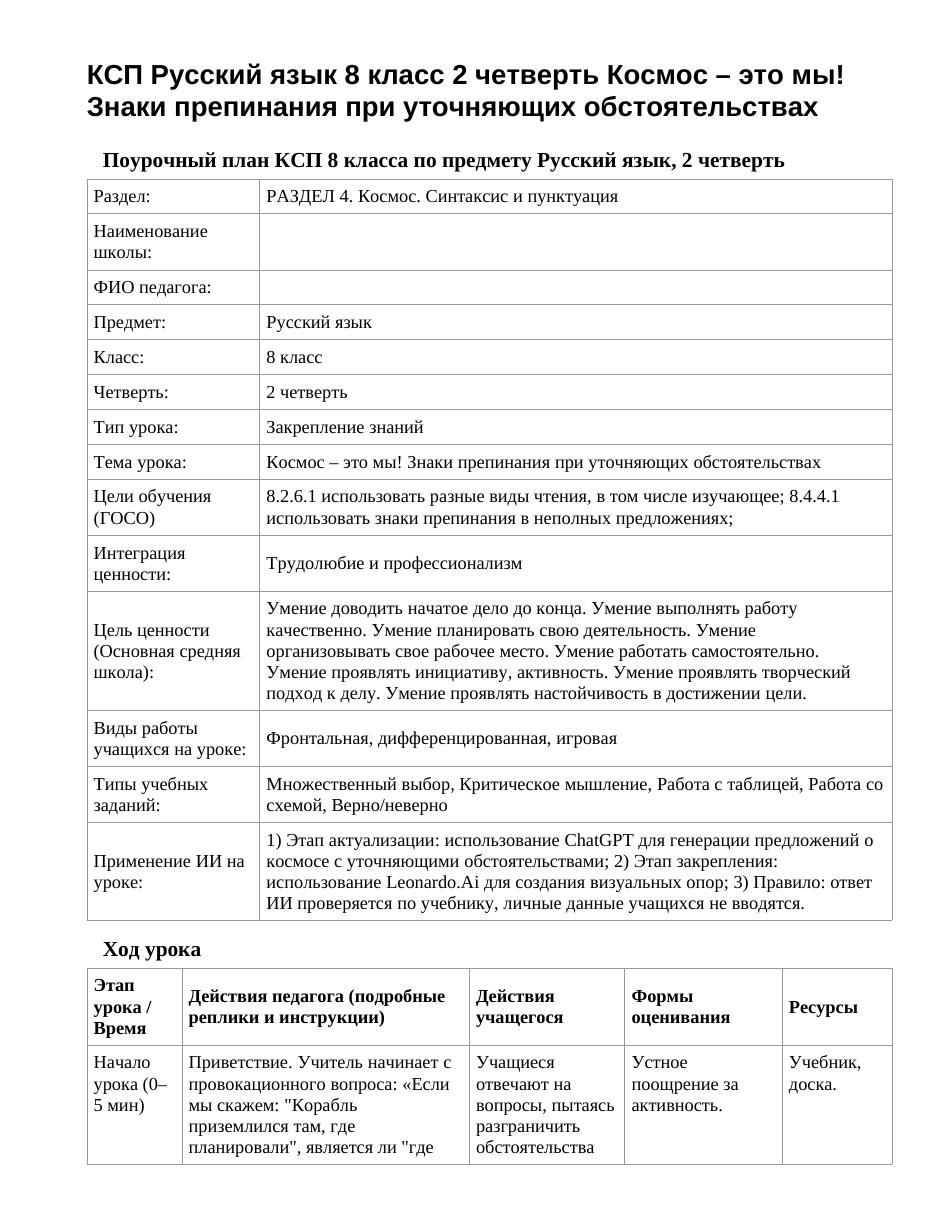 КСП Русский язык 8 класс 2 четверть Космос – это мы! Знаки препинания при уточняющих обстоятельствах