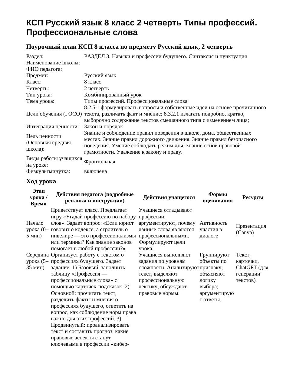 КСП Русский язык 8 класс 2 четверть Типы профессий. Профессиональные слова