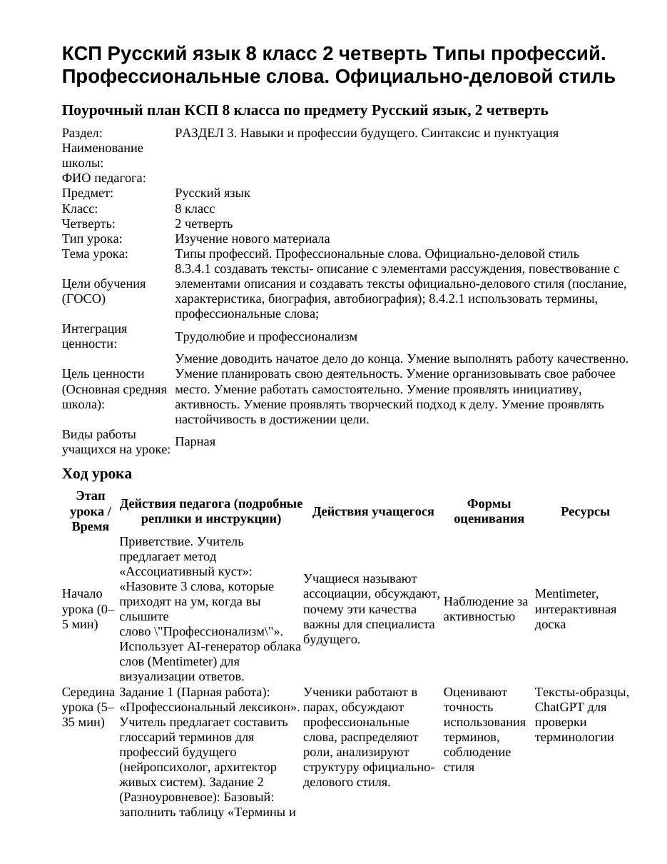 КСП Русский язык 8 класс 2 четверть Типы профессий. Профессиональные слова. Официально-деловой стиль
