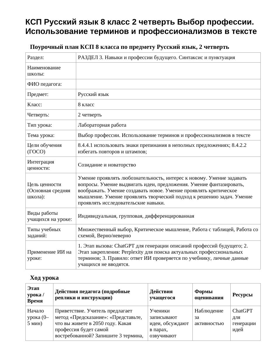 КСП Русский язык 8 класс 2 четверть Выбор профессии. Использование терминов и профессионализмов в тексте