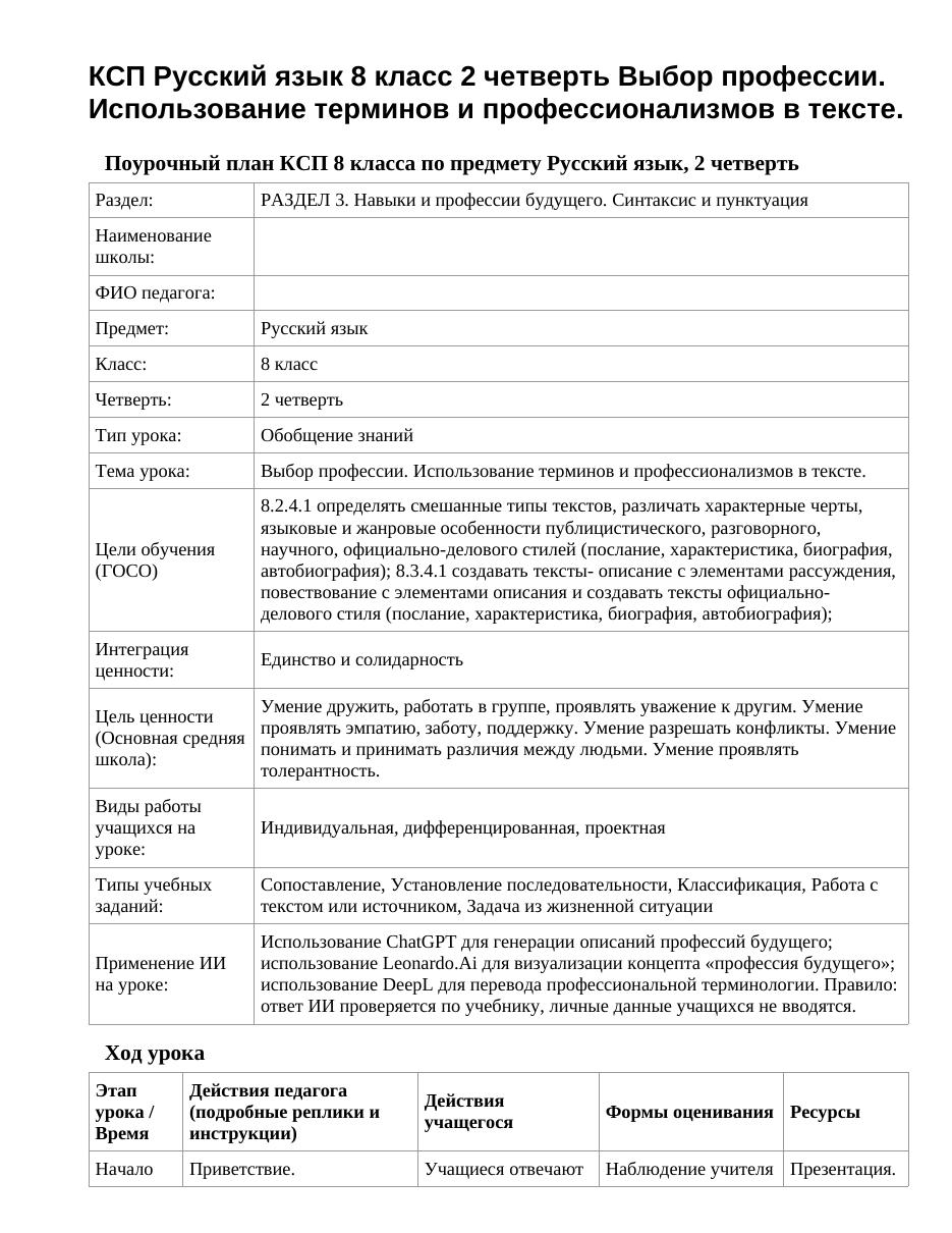 КСП Русский язык 8 класс 2 четверть Выбор профессии. Использование терминов и профессионализмов в тексте.