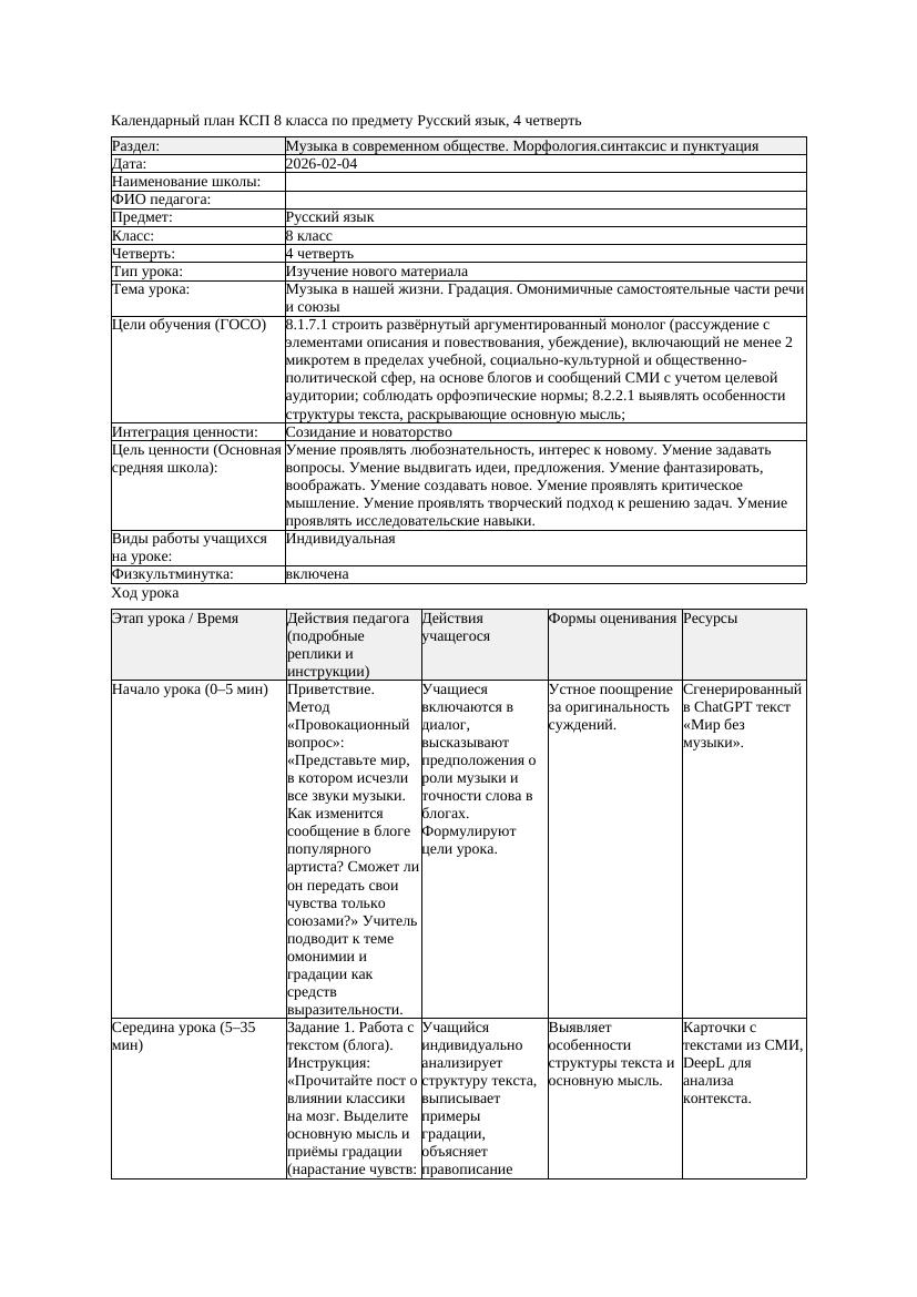 КСП Русский язык 8класс 4четверть Музыка в нашей жизни Градация