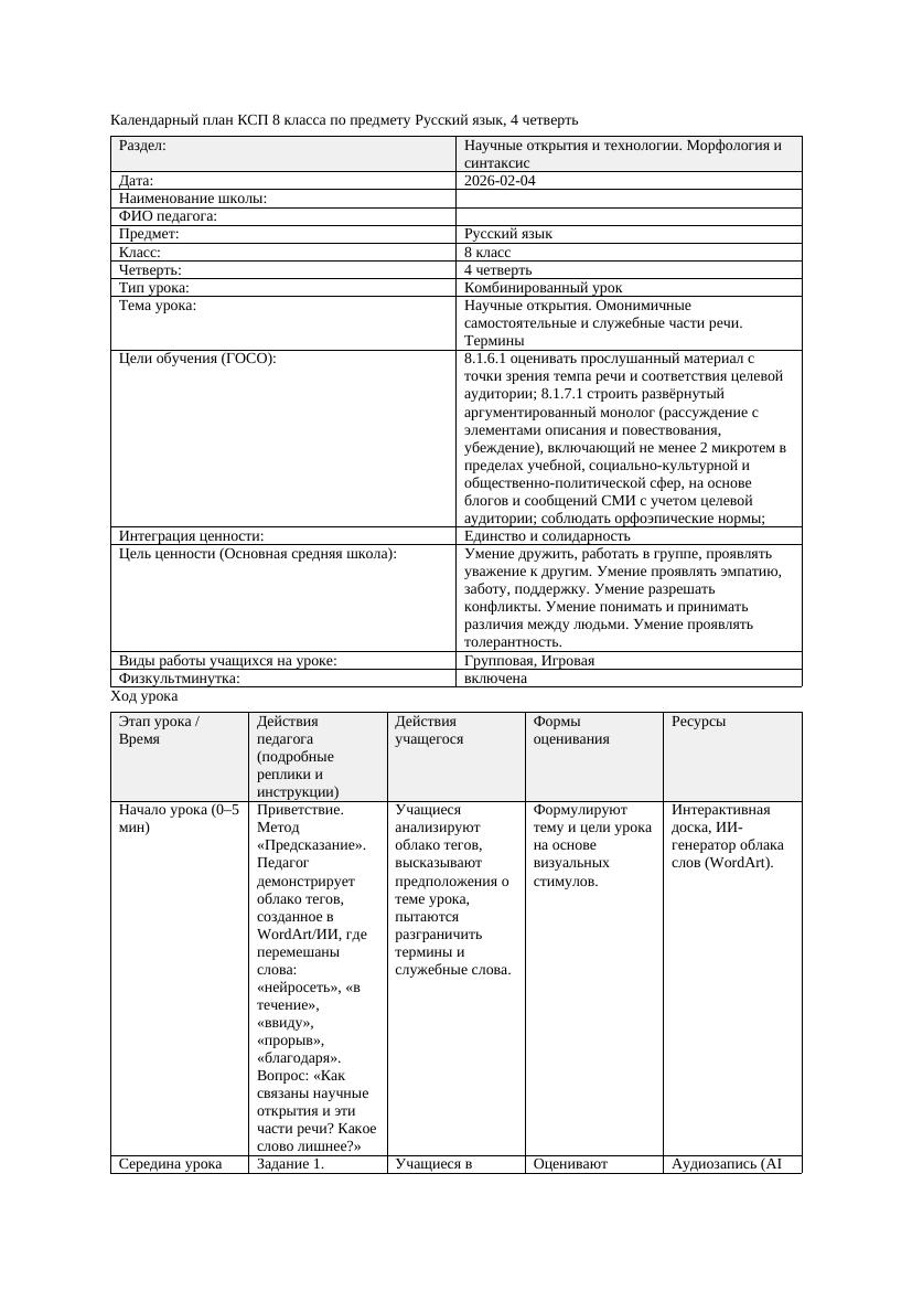 КСП Русский язык 8класс 4четверть Научные открытия Омонимичные самостоятель