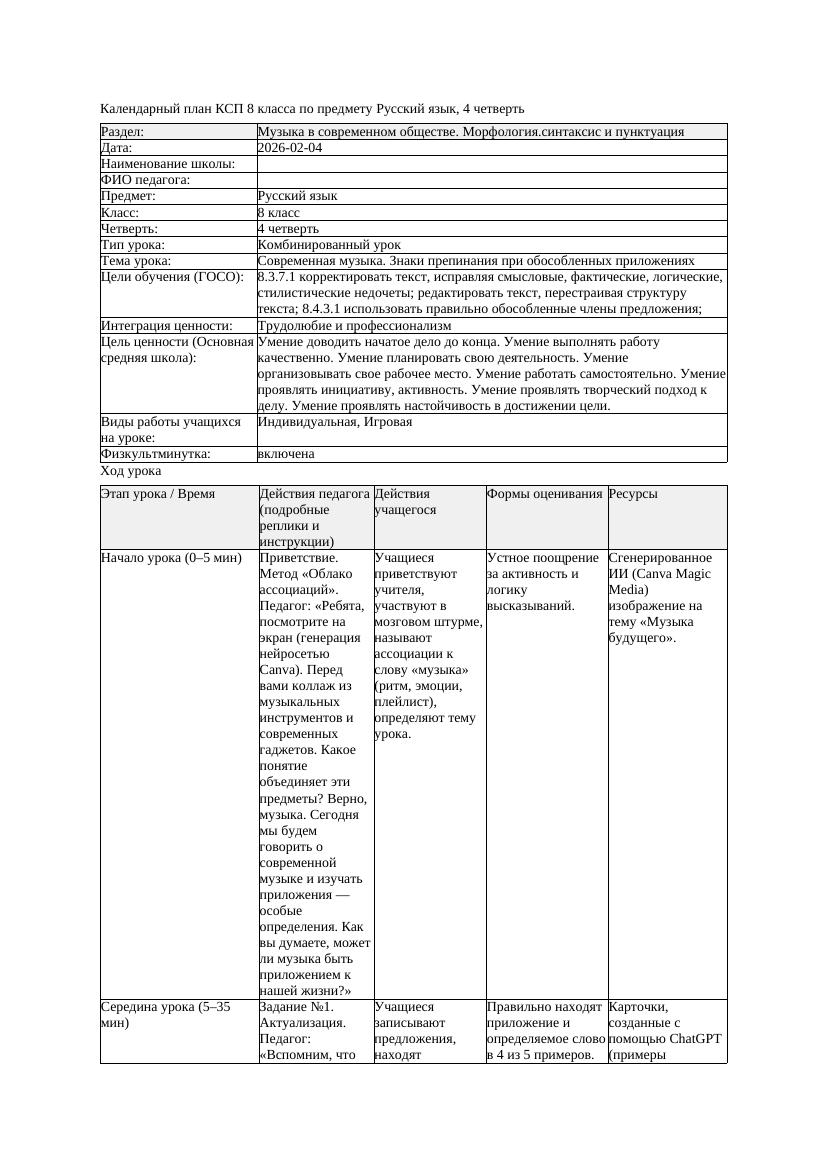 КСП Русский язык 8класс 4четверть Современная музыка Знаки препинания