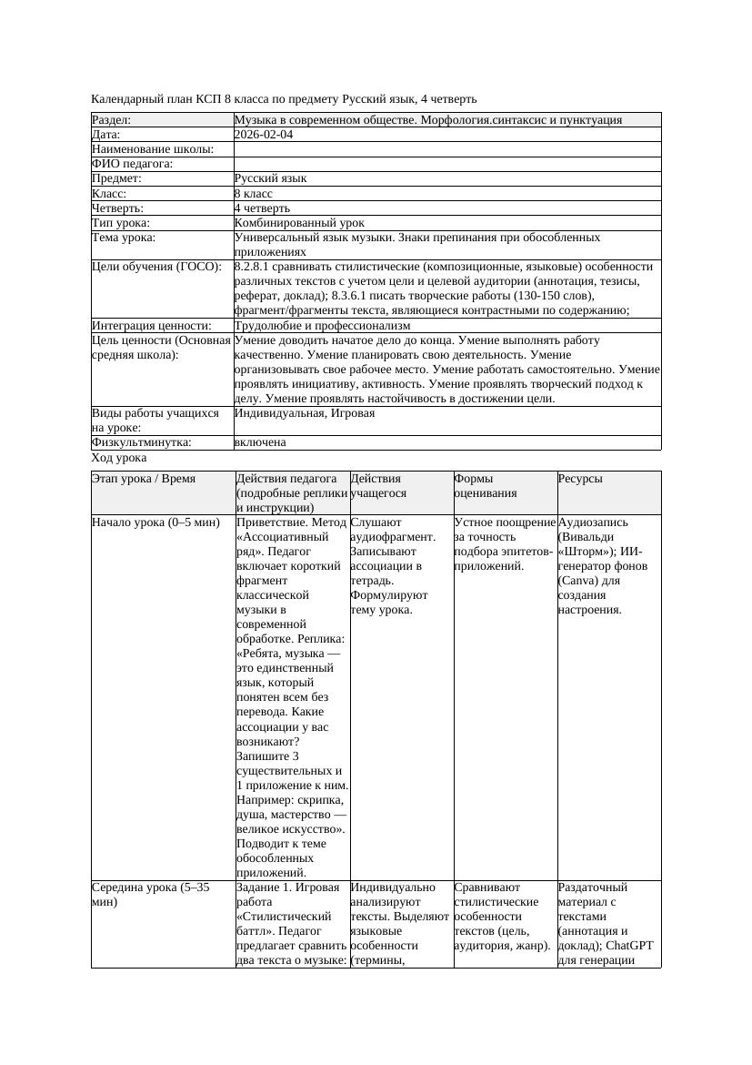 КСП Русский язык 8класс 4четверть Универсальный язык музыки Знаки