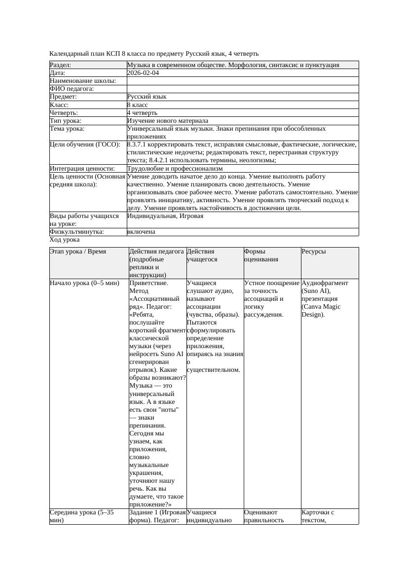 КСП Русский язык 8класс 4четверть Универсальный язык музыки Знаки