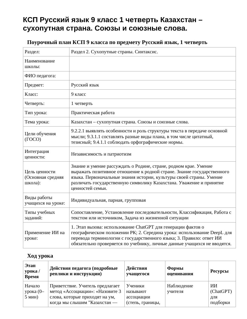 КСП Русский язык 9 класс 1 четверть Казахстан – сухопутная страна. Союзы и союзные слова.