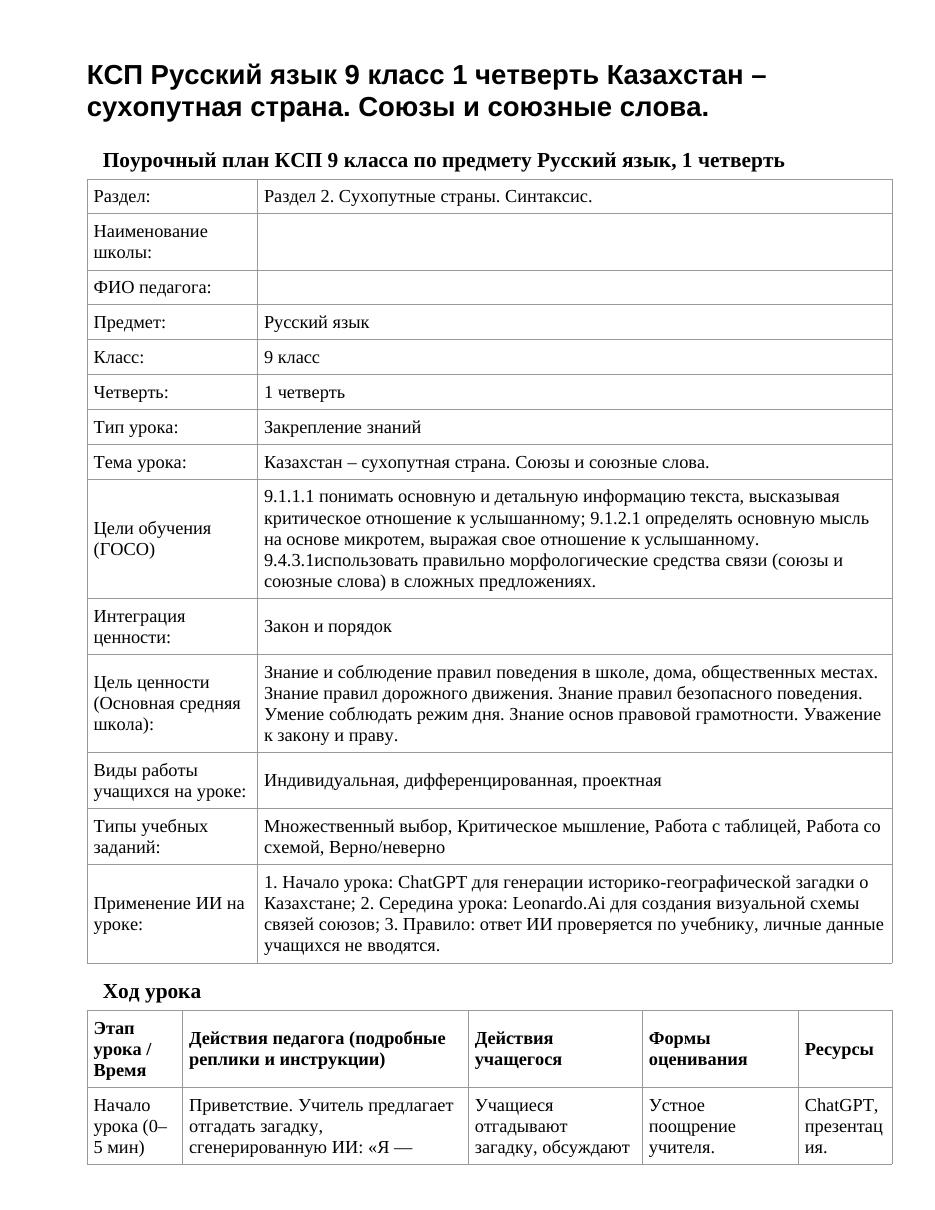 КСП Русский язык 9 класс 1 четверть Казахстан – сухопутная страна. Союзы и союзные слова.