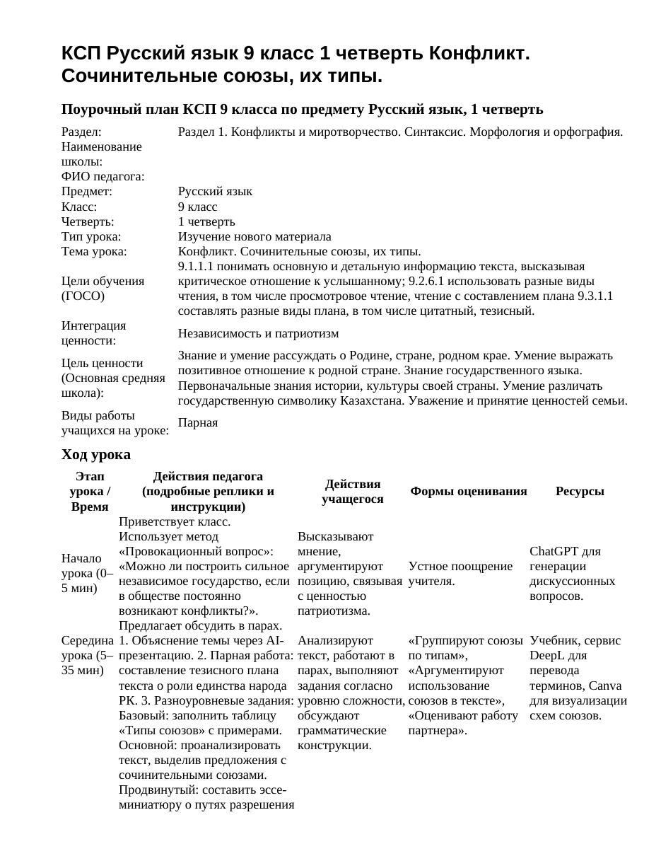 КСП Русский язык 9 класс 1 четверть Конфликт. Сочинительные союзы, их типы.