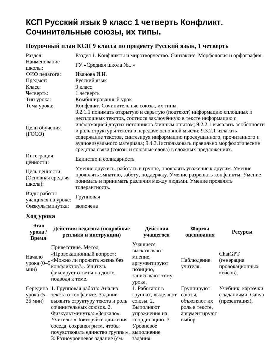 КСП Русский язык 9 класс 1 четверть Конфликт. Сочинительные союзы, их типы.