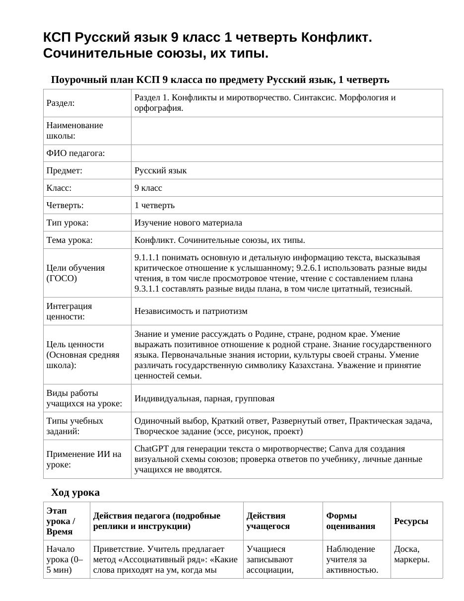 КСП Русский язык 9 класс 1 четверть Конфликт. Сочинительные союзы, их типы.