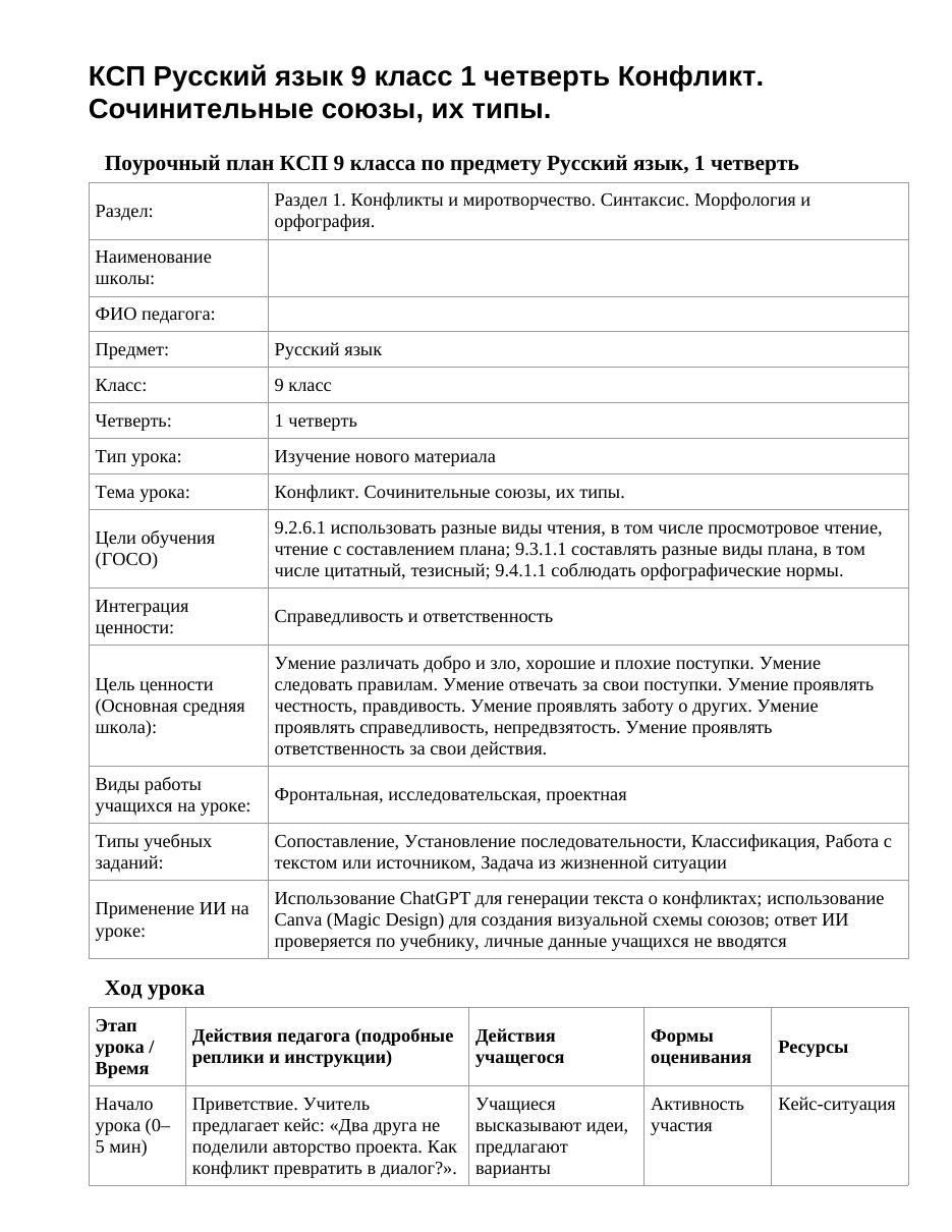 КСП Русский язык 9 класс 1 четверть Конфликт. Сочинительные союзы, их типы.