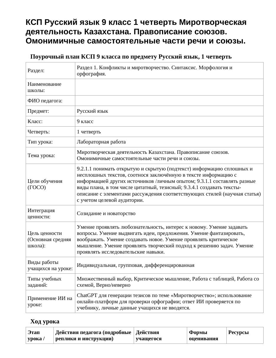 КСП Русский язык 9 класс 1 четверть Миротворческая деятельность Казахстана. Правописание союзов. Омонимичные самостоятельные части речи и союзы.
