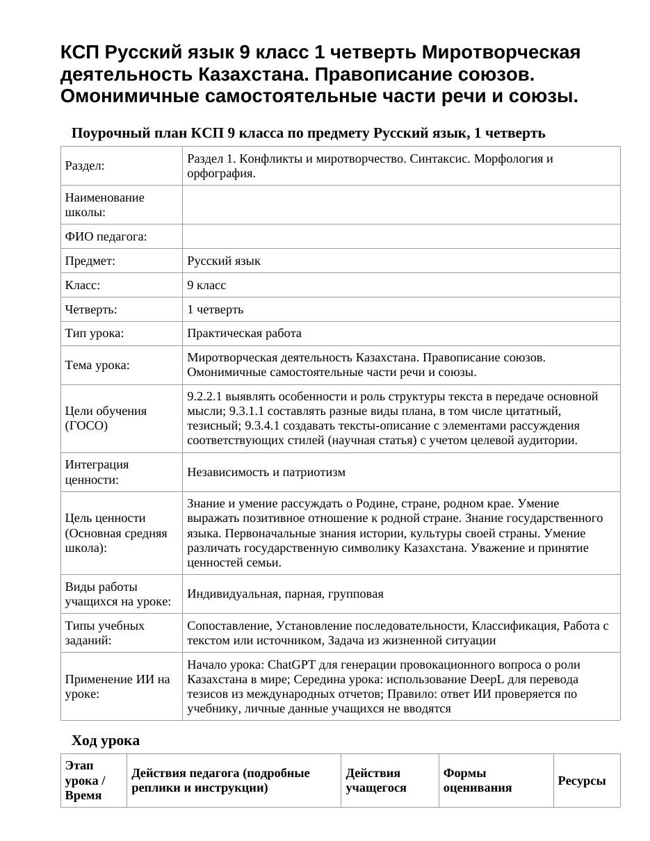 КСП Русский язык 9 класс 1 четверть Миротворческая деятельность Казахстана. Правописание союзов. Омонимичные самостоятельные части речи и союзы.