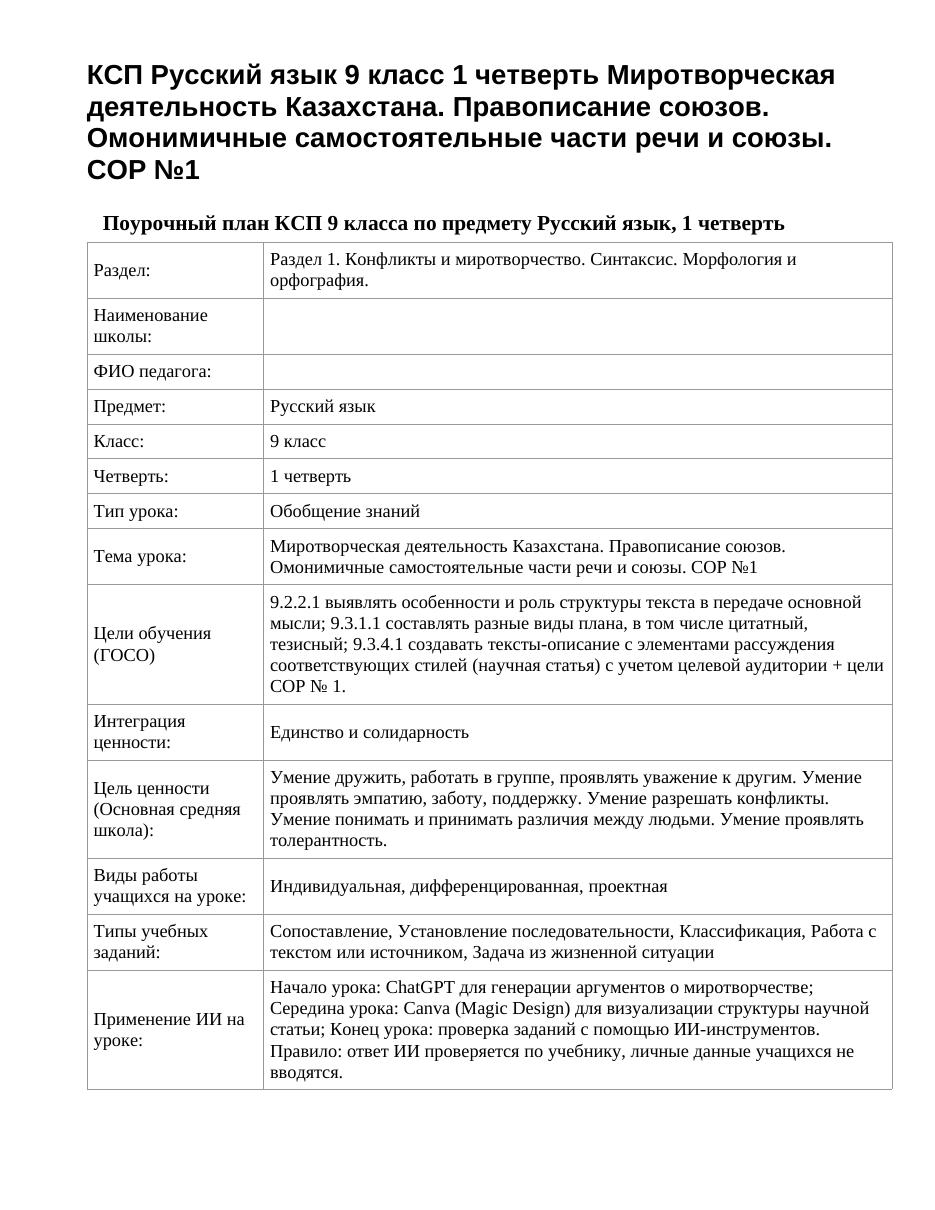 КСП Русский язык 9 класс 1 четверть Миротворческая деятельность Казахстана. Правописание союзов. Омонимичные самостоятельные части речи и союзы. СОР №1