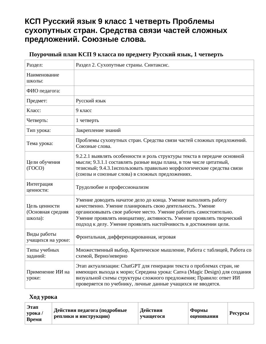 КСП Русский язык 9 класс 1 четверть Проблемы сухопутных стран. Средства связи частей сложных предложений. Союзные слова.