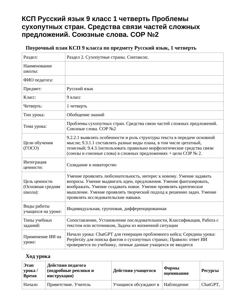 КСП Русский язык 9 класс 1 четверть Проблемы сухопутных стран. Средства связи частей сложных предложений. Союзные слова. СОР №2