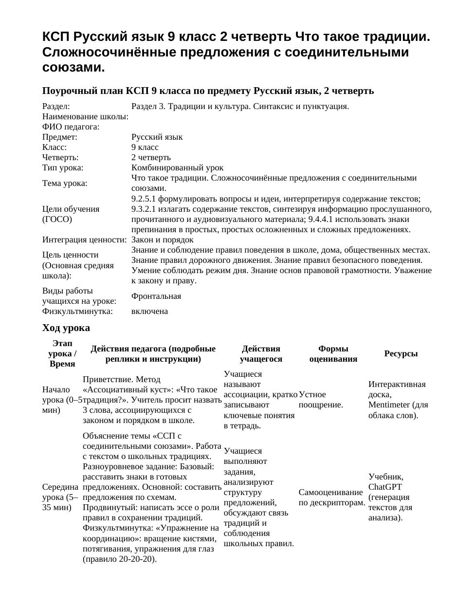 КСП Русский язык 9 класс 2 четверть Что такое традиции. Сложносочинённые предложения с соединительными союзами.