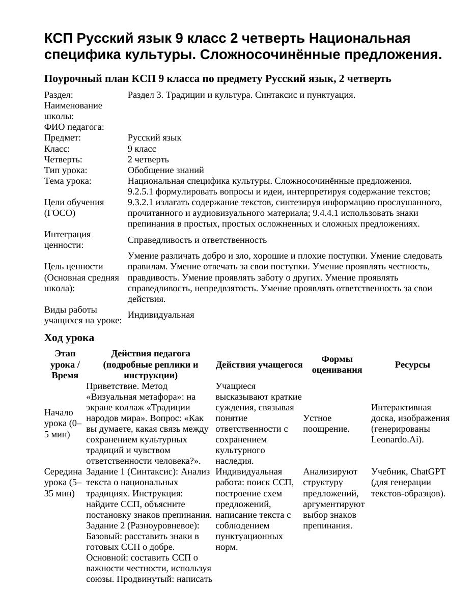 КСП Русский язык 9 класс 2 четверть Национальная специфика культуры. Сложносочинённые предложения.