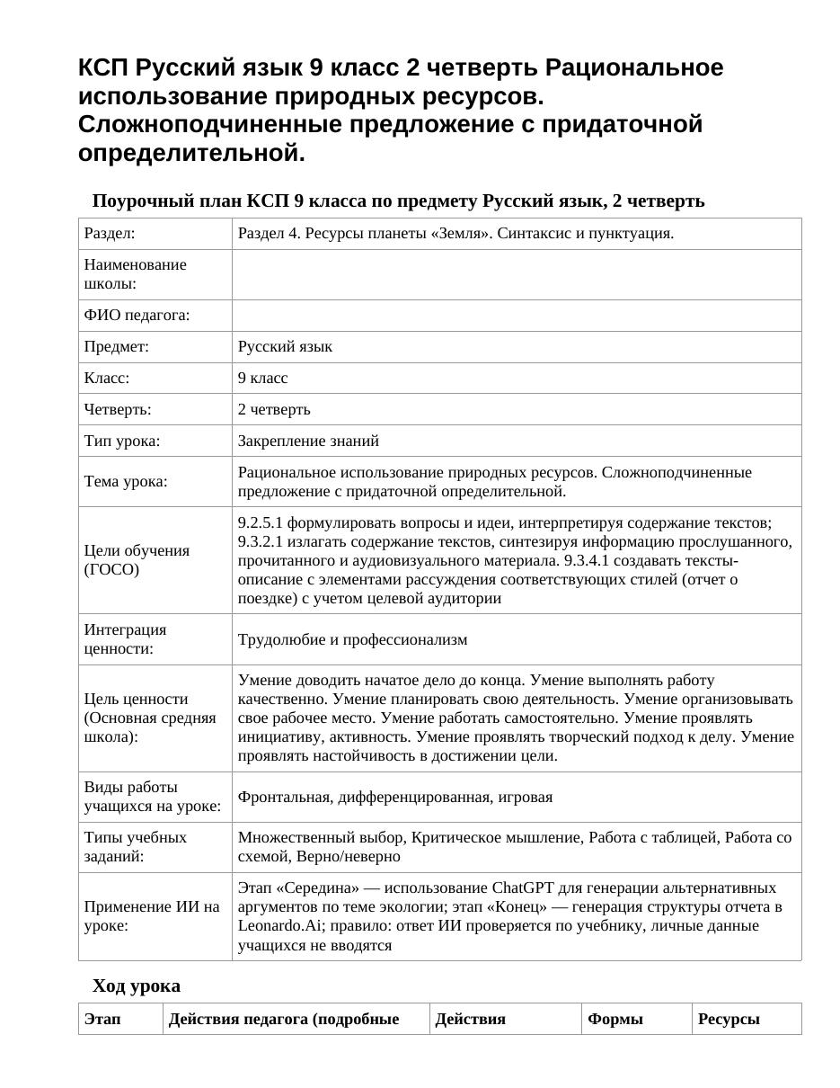 КСП Русский язык 9 класс 2 четверть Рациональное использование природных ресурсов. Сложноподчиненные предложение с придаточной определительной.