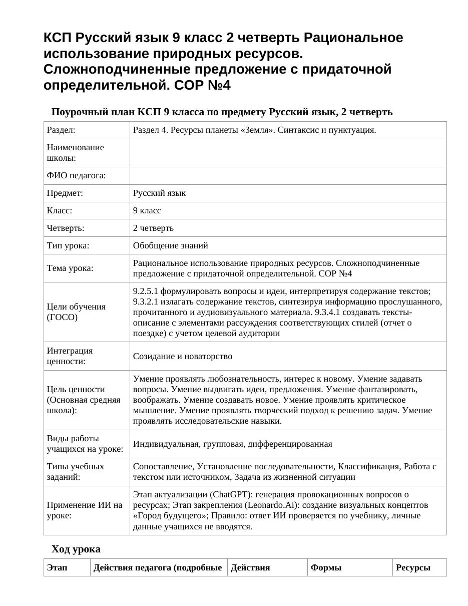 КСП Русский язык 9 класс 2 четверть Рациональное использование природных ресурсов. Сложноподчиненные предложение с придаточной определительной. СОР №4