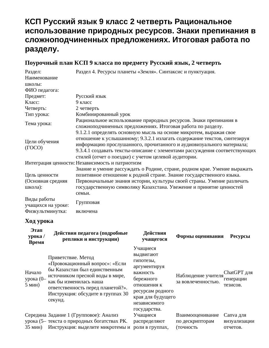 КСП Русский язык 9 класс 2 четверть Рациональное использование природных ресурсов. Знаки препинания в сложноподчиненных предложениях. Итоговая работа по разделу.