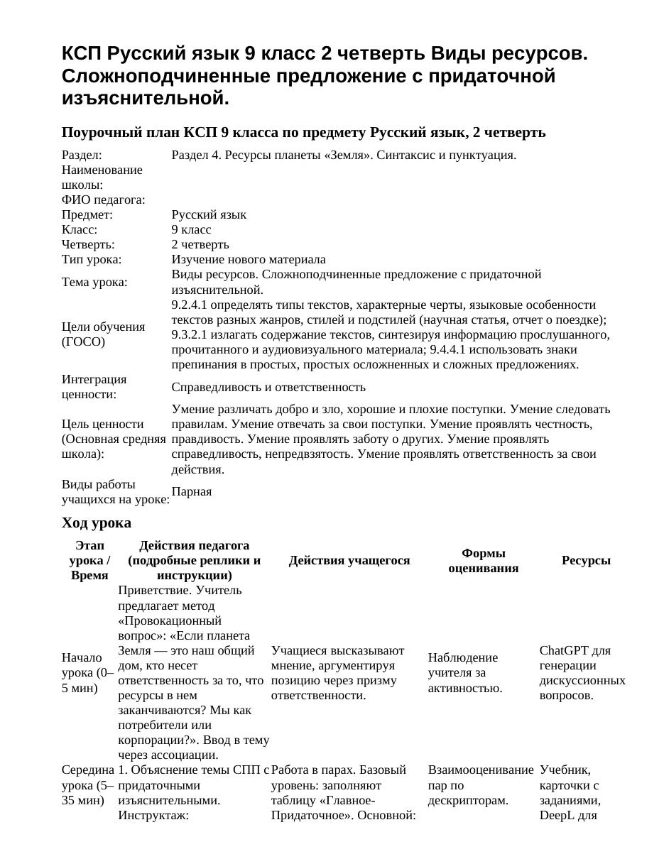 КСП Русский язык 9 класс 2 четверть Виды ресурсов. Сложноподчиненные предложение с придаточной изъяснительной.