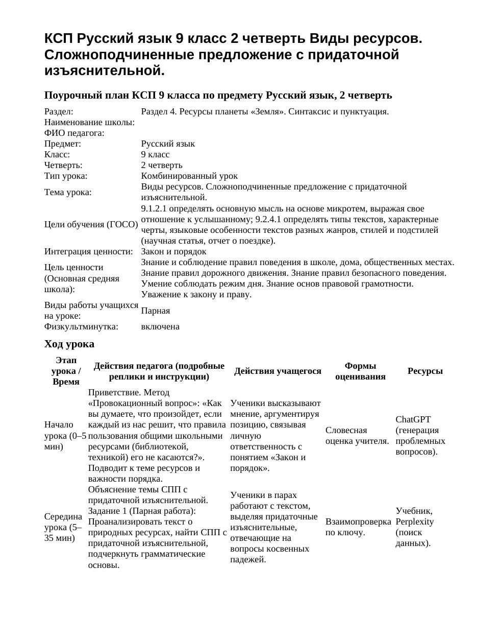 КСП Русский язык 9 класс 2 четверть Виды ресурсов. Сложноподчиненные предложение с придаточной изъяснительной.